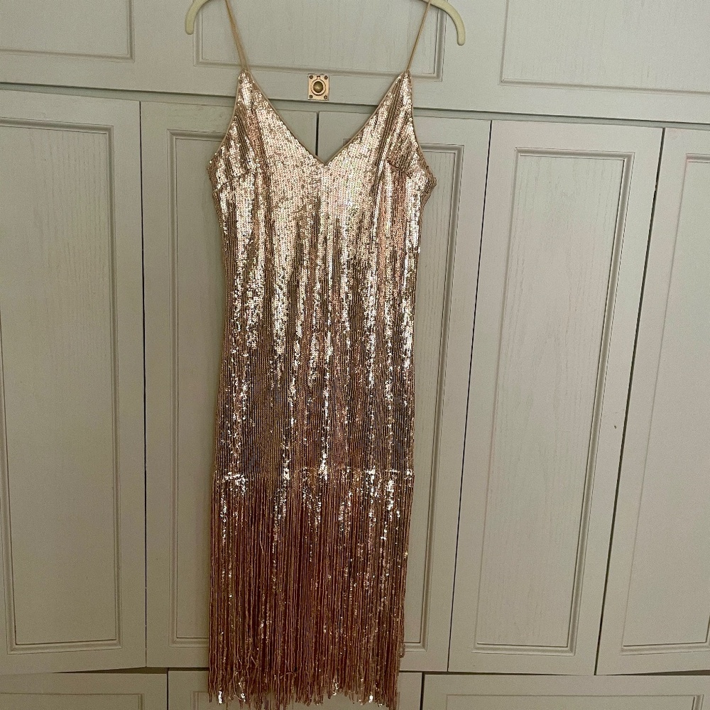 Golden  Rose dress for festive occasions, with fringes. Size s